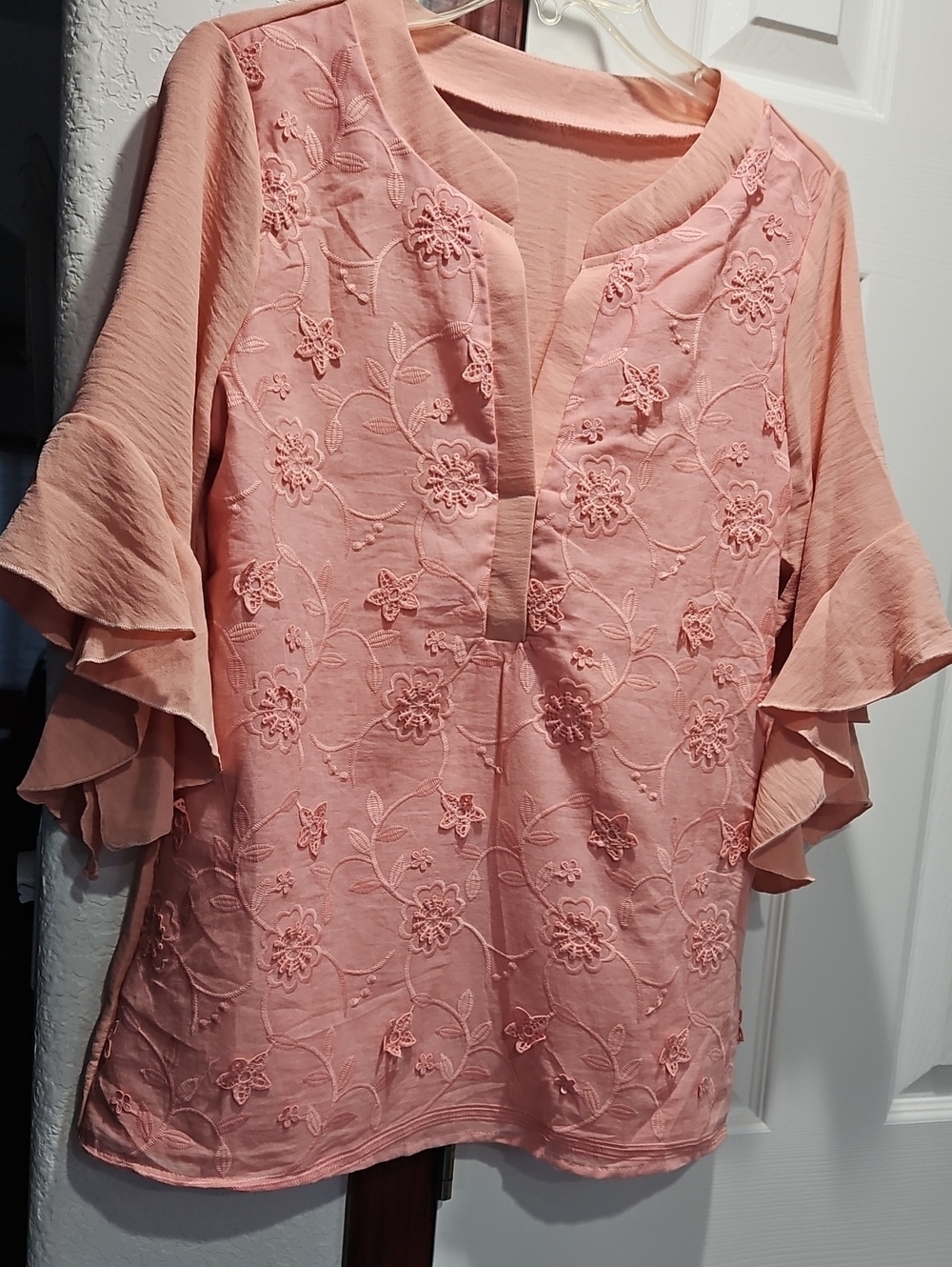 Embroidered Ruffle-Sleeve Blouse — Pink-New/Never Worn